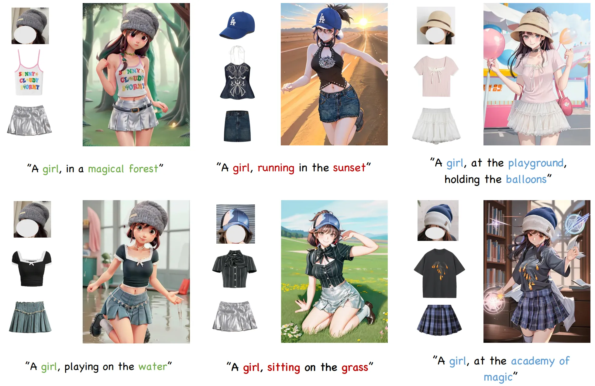 Various Virtual Dressing Results ▶ Realistic Scenes
▶ Stylized Scenes
▶ AnyDressing + IPA & ControlNet
▶ AnyDressing + LoRA